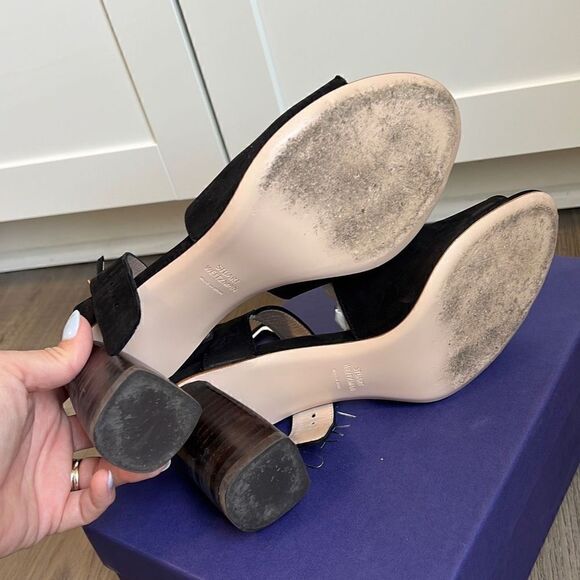 Stuart Weitzman $435 Savvy Side Buckle Black Nubuck Sandals Women’s 8.5 - Picture 9 of 11